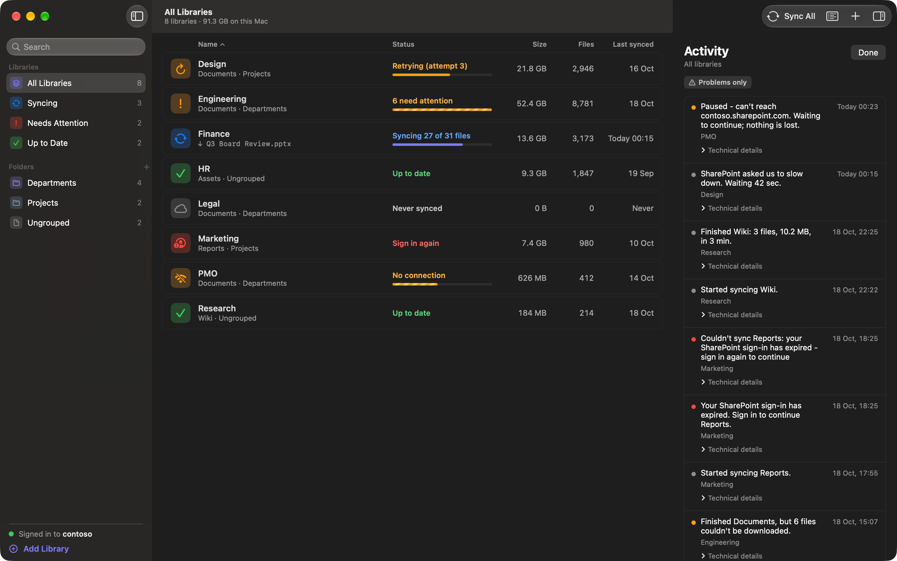 The Activity log listing each sync event in a plain sentence.