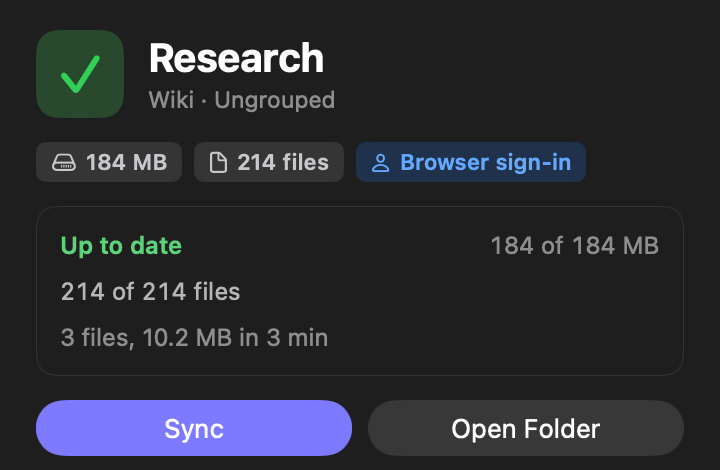 The inspector for a library with its recent runs, showing a later sync that fetched only new and changed files.