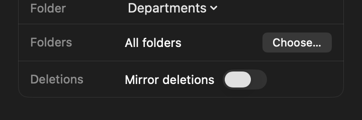 The Mirror deletions setting in a library’s inspector, switched off.