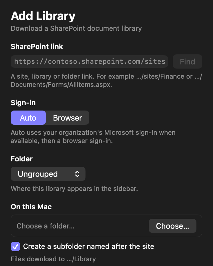 The add library sheet with a pasted SharePoint link and the folders to clone.