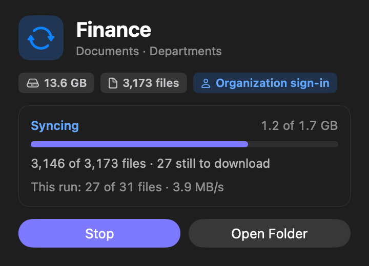 The Finance library syncing, with a progress line and exact file counts.