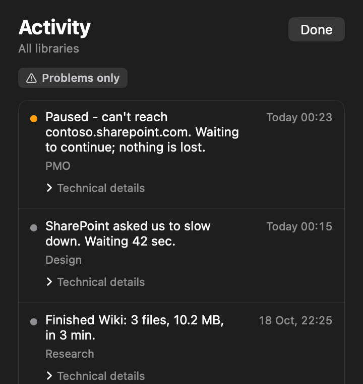 The Activity panel: a paused sync waiting for the network, SharePoint asking the app to slow down, and a finished sync.