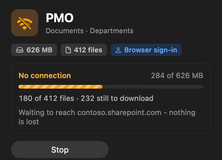 A library in the No connection state, waiting to reach SharePoint, with the note that nothing is lost.